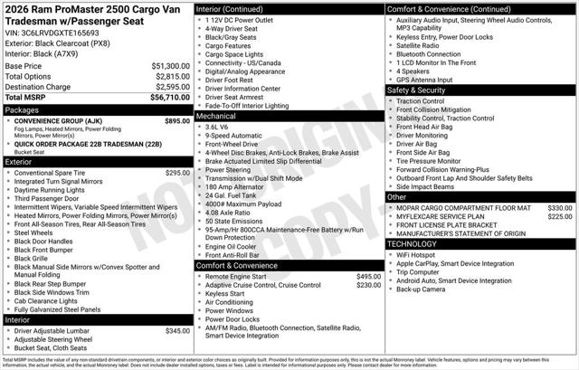 2026 RAM Ram ProMaster RAM PROMASTER 2500 TRADESMAN CARGO VAN HIGH ROOF 159 WB 2026 RAM Ram ProMaster RAM PROMASTER 2500 TRADESMAN CARGO VAN HIGH ROOF 159 WB