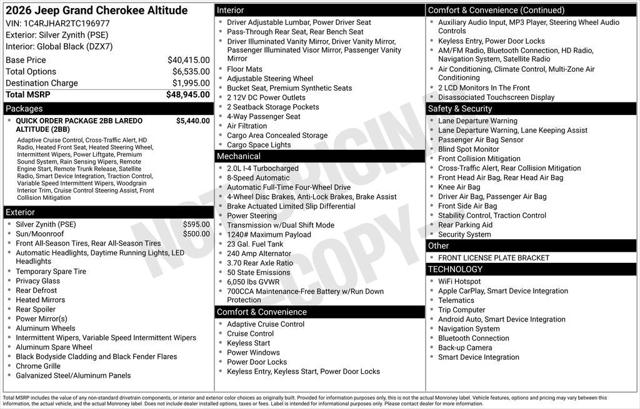 2026 Jeep Grand Cherokee GRAND CHEROKEE LAREDO ALTITUDE 4X4 2026 Jeep Grand Cherokee GRAND CHEROKEE LAREDO ALTITUDE 4X4