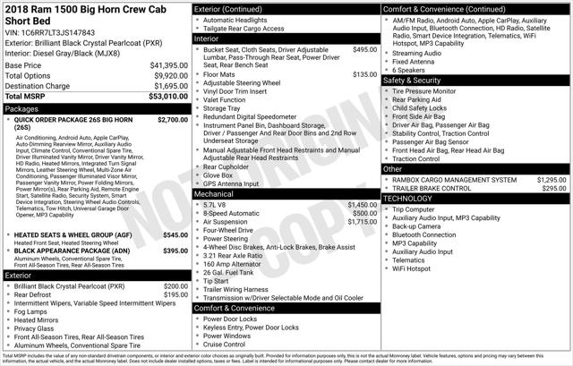 2018 RAM 1500 Big Horn Crew Cab 4x4 57 Box 2018 RAM 1500 Big Horn Crew Cab 4x4 57 Box