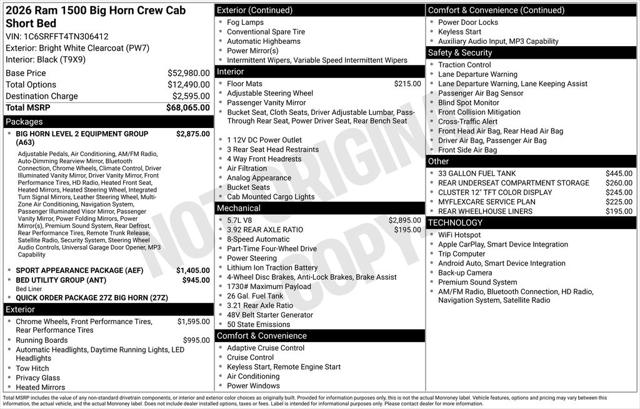 2026 RAM Ram 1500 RAM 1500 BIG HORN CREW CAB 4X4 57 BOX