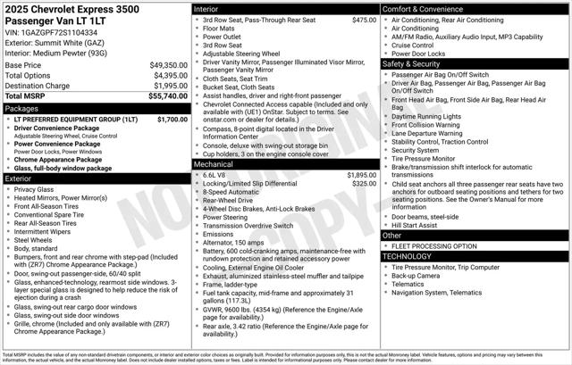 2025 Chevrolet Express Passenger RWD 3500 Extended Wheelbase LT