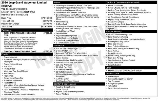 2026 Wagoneer Grand Wagoneer GRAND WAGONEER LIMITED RESERVE 4X4