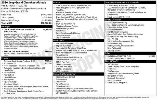 2026 Jeep Grand Cherokee GRAND CHEROKEE LAREDO ALTITUDE 4X4 2026 Jeep Grand Cherokee GRAND CHEROKEE LAREDO ALTITUDE 4X4