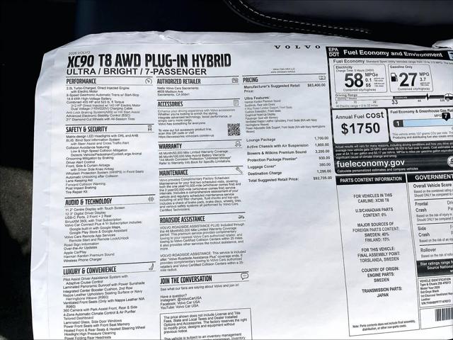 2026 Volvo XC90 Plug-In Hybrid Ultra, T8 AWD, Electric/Gasoline, Bright, 7 Seats