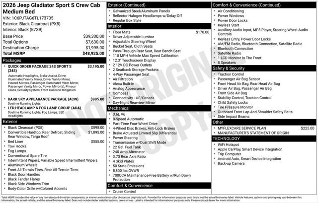 2026 Jeep Gladiator GLADIATOR SPORT S 4X4 2026 Jeep Gladiator GLADIATOR SPORT S 4X4