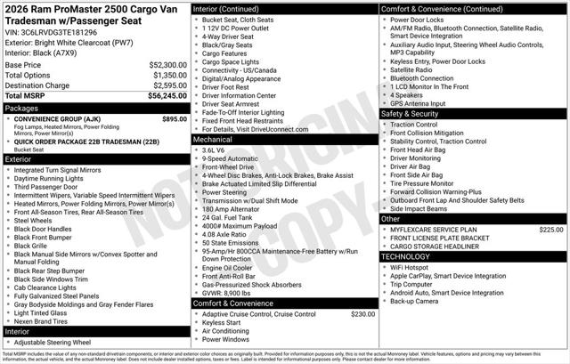 2026 RAM ProMaster 2500 RAM PROMASTER 2500 TRADESMAN CARGO VAN HIGH ROOF 159 WB