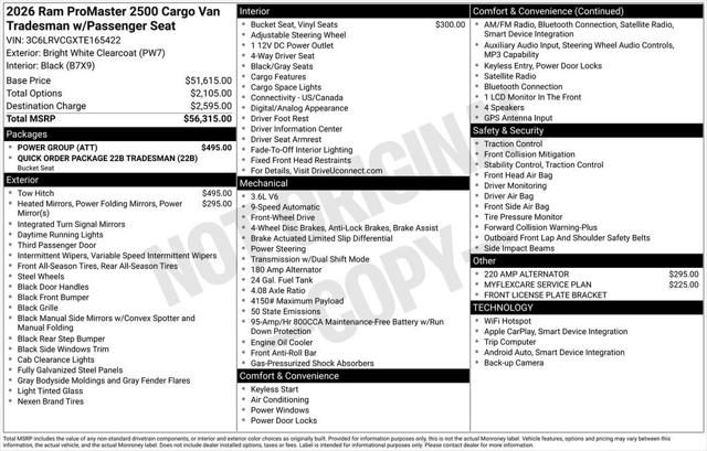 2026 RAM Ram ProMaster RAM PROMASTER 2500 TRADESMAN CARGO VAN HIGH ROOF 136 WB