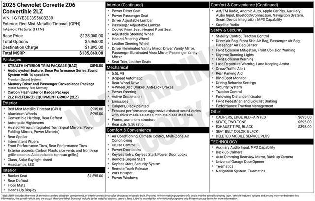 2025 Chevrolet Corvette Z06 RWD Convertible 2LZ 2025 Chevrolet Corvette Z06 RWD Convertible 2LZ