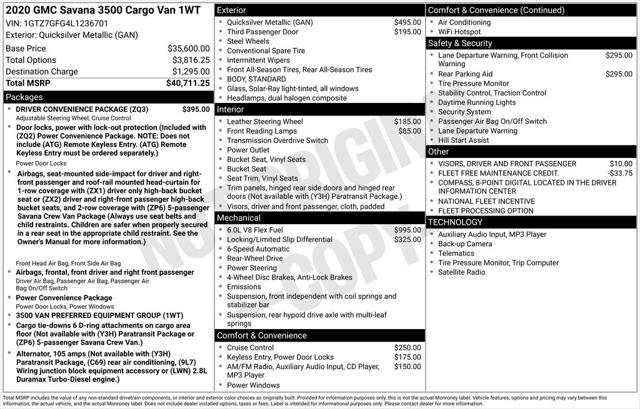 2020 GMC Savana Cargo RWD 3500 Regular Wheelbase Work Van