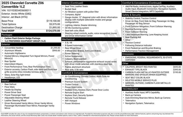 2025 Chevrolet Corvette Z06 RWD Convertible 1LZ 2025 Chevrolet Corvette Z06 RWD Convertible 1LZ