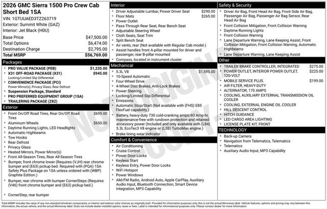 2026 GMC Sierra 1500 Crew Cab, Short Bed, Pro, 4WD