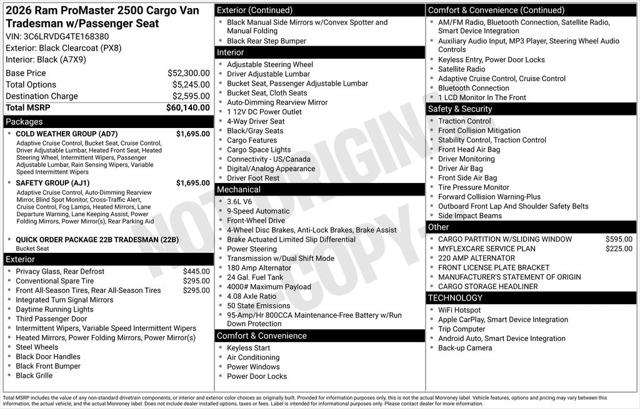 2026 Ram ProMaster 2500 Cargo Van Tradesman High Roof 159" WB w/Pass Seat