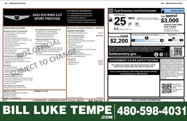 2023 Genesis G70 2.0T RWD