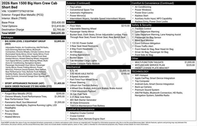 2026 RAM Ram 1500 RAM 1500 BIG HORN CREW CAB 4X4 57 BOX 2026 RAM Ram 1500 RAM 1500 BIG HORN CREW CAB 4X4 57 BOX
