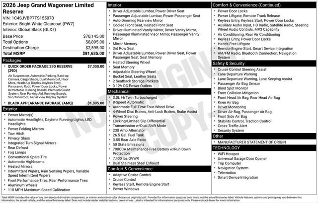 2026 Wagoneer Grand Wagoneer GRAND WAGONEER LIMITED RESERVE 4X4