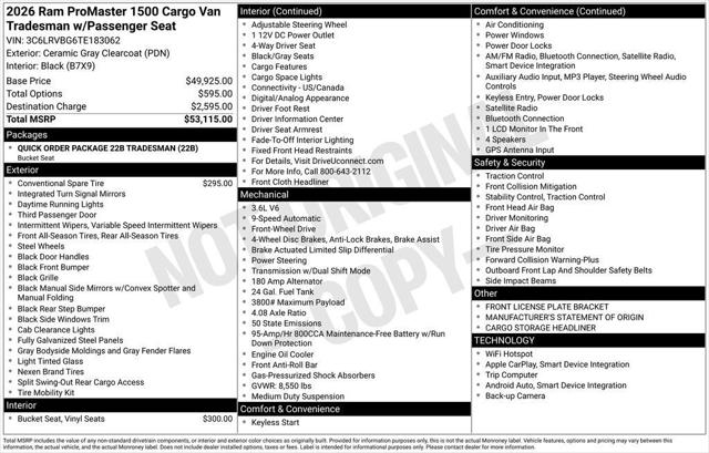 2026 RAM Promaster Cargo Van RAM PROMASTER 1500 TRADESMAN CARGO VAN HIGH ROOF 136 WB