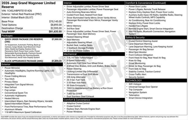 2026 Wagoneer Grand Wagoneer GRAND WAGONEER LIMITED RESERVE 4X4