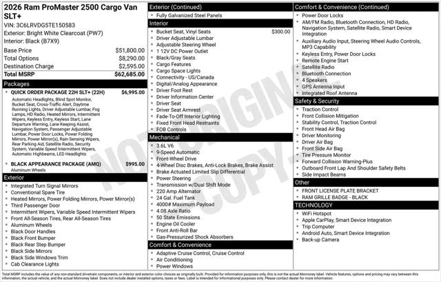 2026 Ram ProMaster 2500 Cargo Van SLT+ High Roof 159" WB