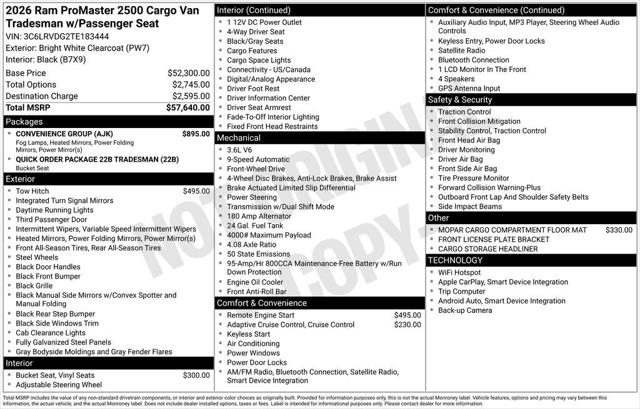 2026 RAM Ram ProMaster RAM PROMASTER 2500 TRADESMAN CARGO VAN HIGH ROOF 159 WB