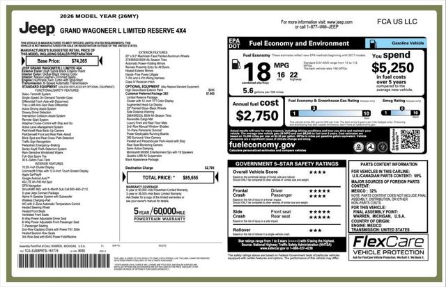 2026 Wagoneer Grand Wagoneer GRAND WAGONEER L LIMITED RESERVE 4X4