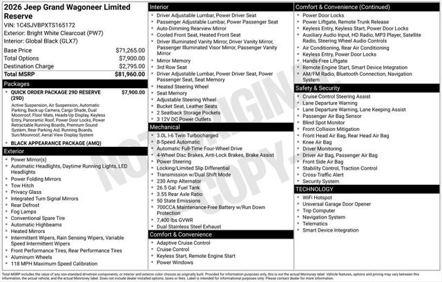 2026 Wagoneer Grand Wagoneer GRAND WAGONEER LIMITED RESERVE 4X4