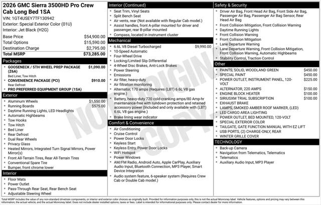 2026 GMC Sierra 3500HD Crew Cab, Long Bed, Pro Dual Rear Wheel, 4WD