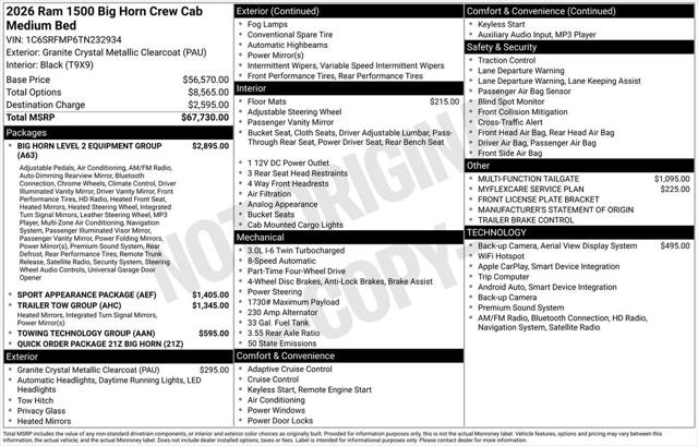 2026 RAM Ram 1500 RAM 1500 BIG HORN CREW CAB 4X4 64 BOX 2026 RAM Ram 1500 RAM 1500 BIG HORN CREW CAB 4X4 64 BOX