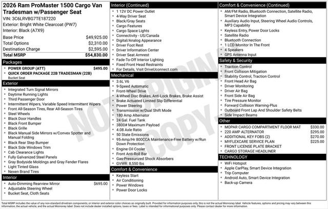 2026 RAM Ram ProMaster RAM PROMASTER 1500 TRADESMAN CARGO VAN HIGH ROOF 136 WB