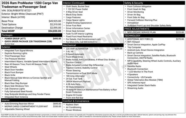 2026 RAM Ram ProMaster RAM PROMASTER 1500 TRADESMAN CARGO VAN HIGH ROOF 136 WB