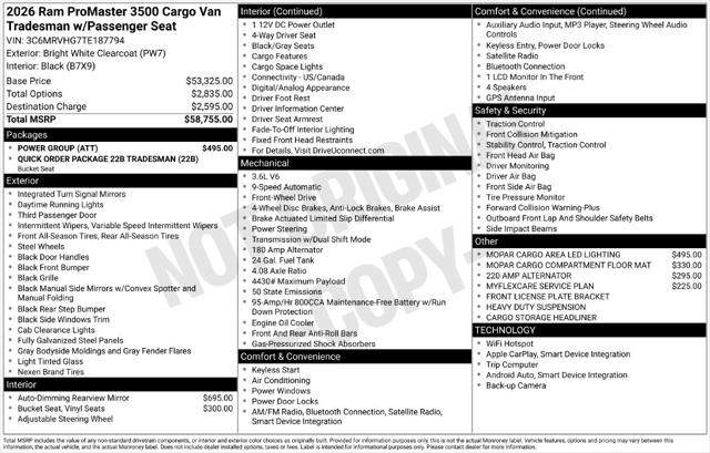 2026 RAM Ram ProMaster RAM PROMASTER 3500 TRADESMAN CARGO VAN HIGH ROOF 159 WB 2026 RAM Ram ProMaster RAM PROMASTER 3500 TRADESMAN CARGO VAN HIGH ROOF 159 WB