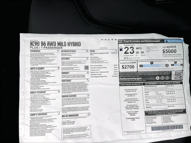 2026 Volvo XC90 Plus, B6 AWD Gas (mild hybrid), Gasoline, Bright, 7 Seats
