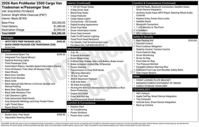 2026 RAM Promaster Cargo Van RAM PROMASTER 2500 TRADESMAN CARGO VAN HIGH ROOF 159 WB