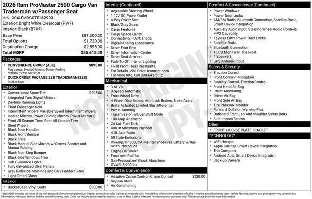 2026 Ram ProMaster 2500 Cargo Van Tradesman High Roof 159" WB w/Pass Seat