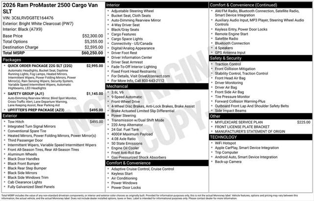 2026 Ram ProMaster 2500 Cargo Van SLT High Roof 159" WB