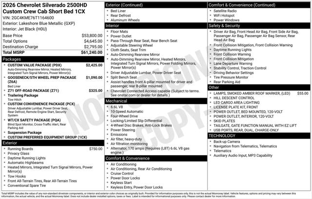 2026 Chevrolet Silverado 2500HD Crew Cab, Standard Bed, WT, 4WD
