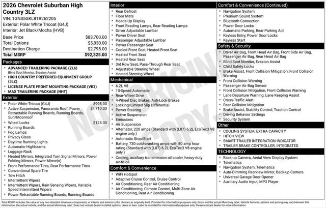 2026 Chevrolet Suburban High Country, RWD