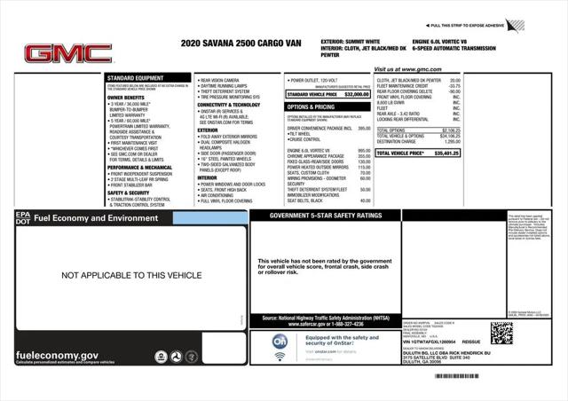 2020 GMC Savana Cargo RWD 2500 Regular Wheelbase Work Van