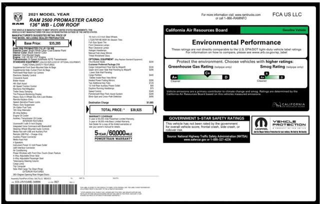 2021 Ram ProMaster 2500 Cargo Van Low Roof 136" WB