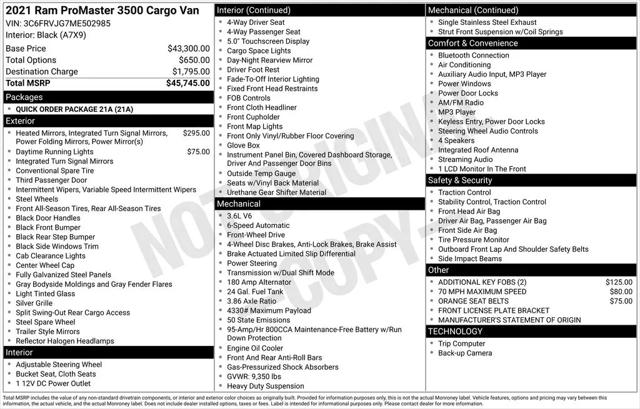 2021 Ram ProMaster Cargo Van High Roof 159" WB EXT