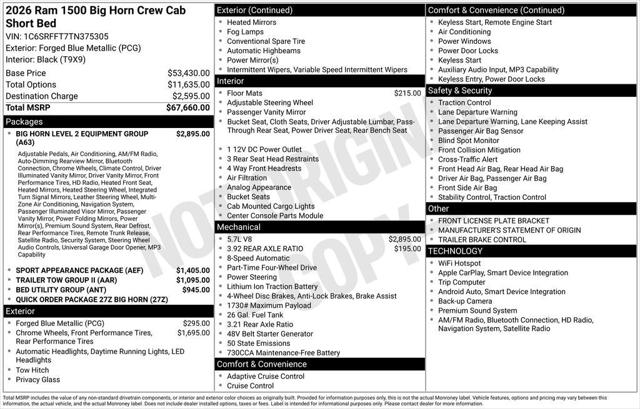 2026 RAM Ram 1500 RAM 1500 BIG HORN CREW CAB 4X4 57 BOX 2026 RAM Ram 1500 RAM 1500 BIG HORN CREW CAB 4X4 57 BOX