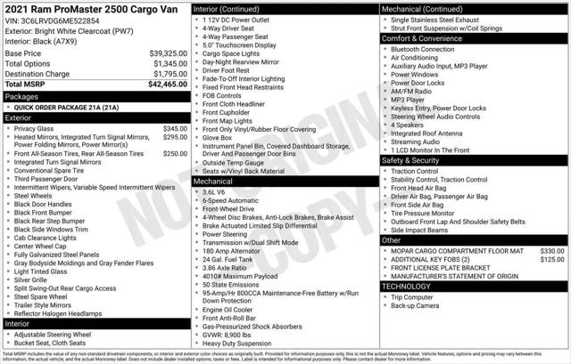 2021 Ram ProMaster 2500 Cargo Van High Roof 159" WB