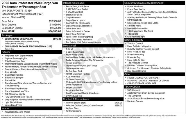 2026 RAM Ram ProMaster RAM PROMASTER 2500 TRADESMAN CARGO VAN HIGH ROOF 159 WB