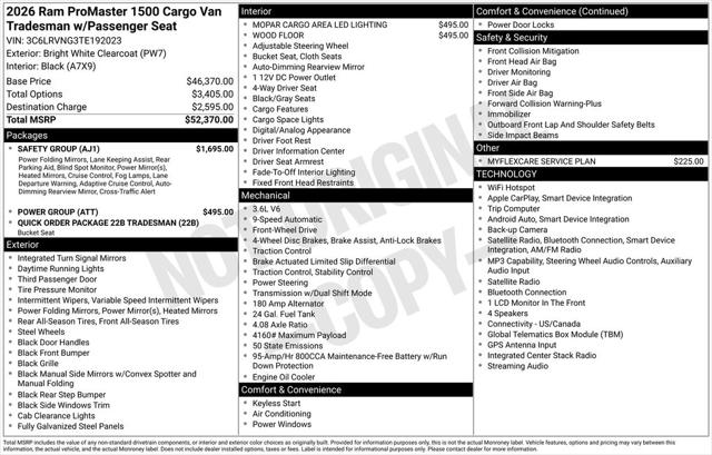 2026 RAM Ram ProMaster RAM PROMASTER 1500 TRADESMAN CARGO VAN LOW ROOF 118 WB 2026 RAM Ram ProMaster RAM PROMASTER 1500 TRADESMAN CARGO VAN LOW ROOF 118 WB