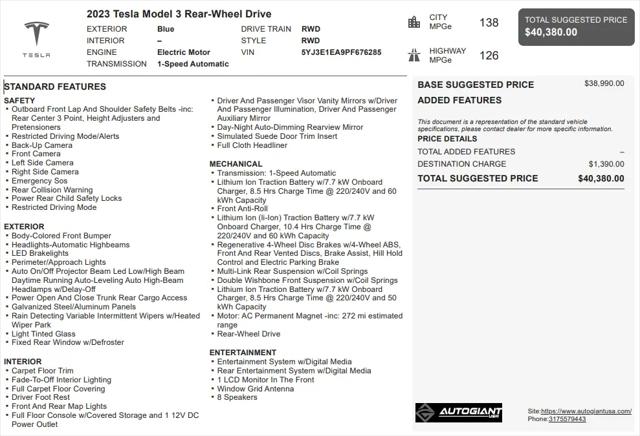 2023 Tesla Model 3 Rear-Wheel Drive