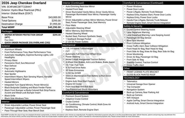 2026 Jeep Cherokee CHEROKEE OVERLAND 4X4 2026 Jeep Cherokee CHEROKEE OVERLAND 4X4