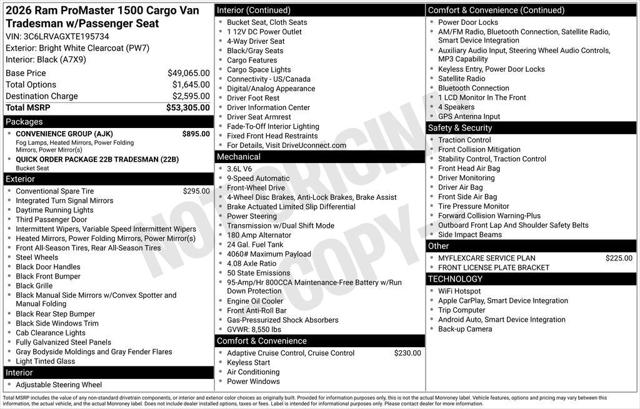 2026 RAM Ram ProMaster RAM PROMASTER 1500 TRADESMAN CARGO VAN LOW ROOF 136 WB