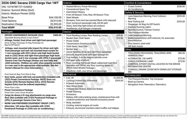 2026 GMC Savana Cargo 2500 Extended Wheelbase, Work Van, RWD
