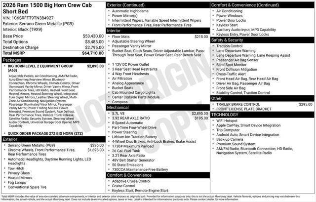 2026 RAM Ram 1500 RAM 1500 BIG HORN CREW CAB 4X4 57 BOX 2026 RAM Ram 1500 RAM 1500 BIG HORN CREW CAB 4X4 57 BOX