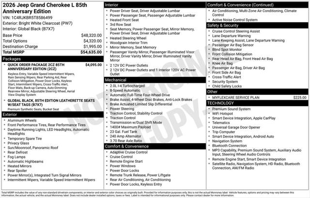 2026 Jeep Grand Cherokee L GRAND CHEROKEE L 85TH ANNIVERSARY EDITION 4X4 2026 Jeep Grand Cherokee L GRAND CHEROKEE L 85TH ANNIVERSARY EDITION 4X4