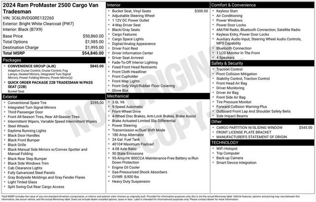 2024 Ram ProMaster 2500 Cargo Van Tradesman High Roof 159" WB w/Pass Seat